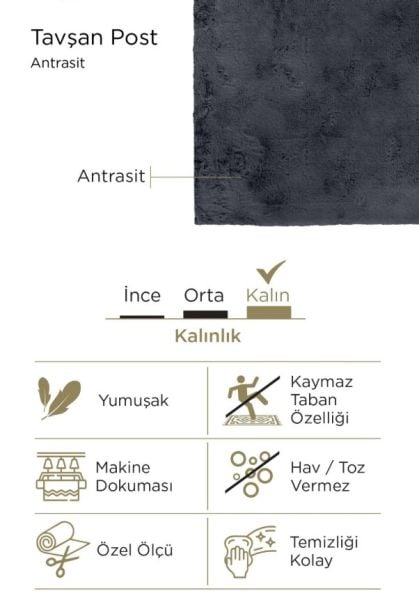 Luka Tavşan Post Antrasit Yumuşak Tüylü Kaymaz Tabanlı Ekstra Yumuşak Dokulu Halı