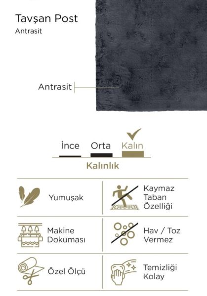 Luka Tavşan Post Antrasit Yumuşak Tüylü Kaymaz Tabanlı Ekstra Yumuşak Dokulu Halı