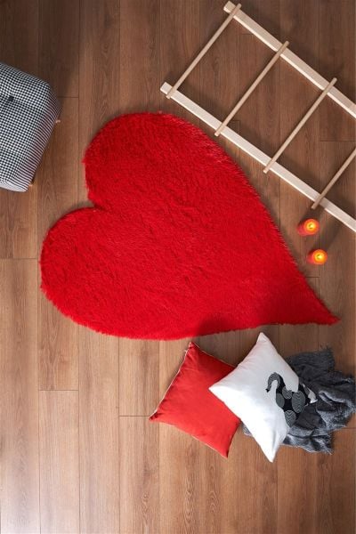 Halımax Tavşan Tüyü Kalp Kaymaz Tabanlı Kırmızı Post Peluş Halı Yumuşak, Kaymaz, Şık Dekoratif Peluş Halı Antre Yatak Odası Çocuk Odası Halısı