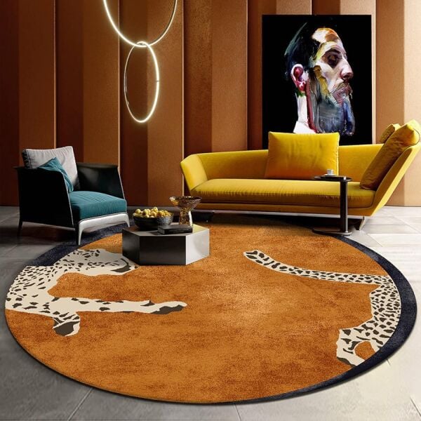 Drom Dokuma Taban Makinede Yıkanabilen Kilim Kaymaz Şönil Leopar Yuvarlak Kreatif Halı