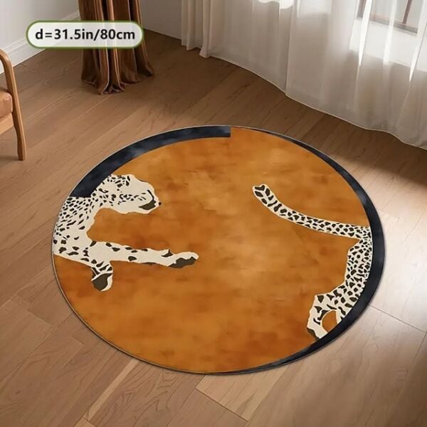Drom Dokuma Taban Makinede Yıkanabilen Kilim Kaymaz Şönil Leopar Yuvarlak Kreatif Halı