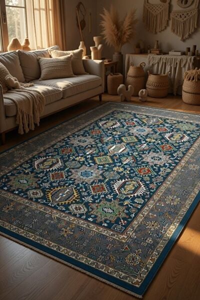 Drom Pamuk Dokuma Taban Kaymaz Şönil Makinede Yıkanabilir Etnik Çerçeveli Multi  Salon Yatak Odası Mutfak Koridor Yolluk Halı