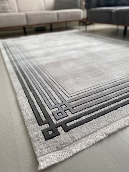 Türkmen Halı Mystik 20405 Gri Çerçeveli Modern Salon Halısı 100x300