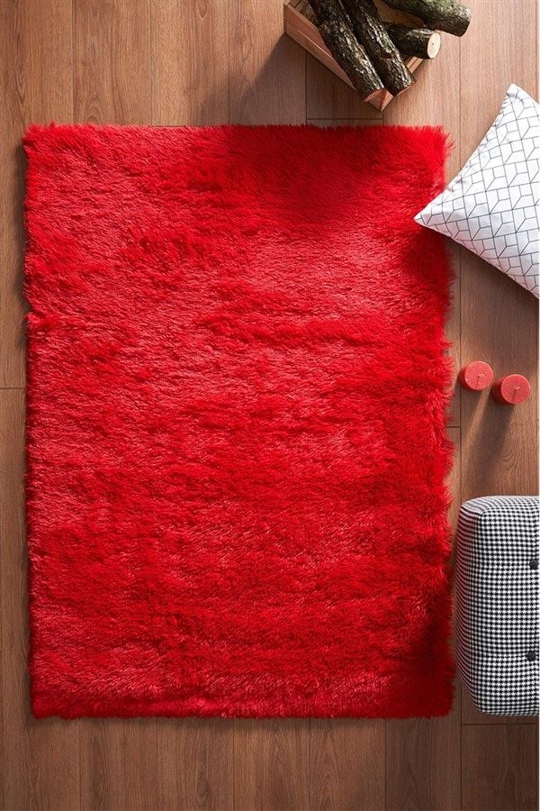 Halımax Tavşan Tüyü Kaymaz Tabanlı Kırmızı Post Peluş Halı Yumuşak, Kaymaz, Şık Dekoratif Peluş Halı Antre Yatak Odası Çocuk Odası Halısı