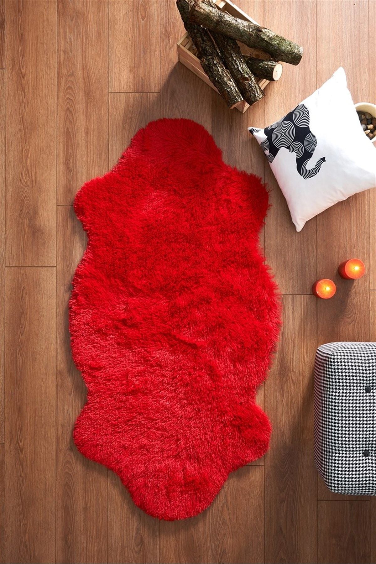 Halımax Tavşan Tüyü Kaymaz Tabanlı Kırmızı Post Peluş Halı Yumuşak, Kaymaz, Şık Dekoratif Peluş Halı Antre Yatak Odası Çocuk Odası Halısı