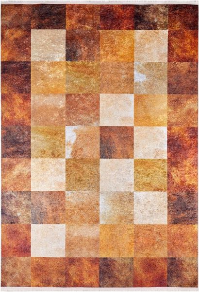 Halımax Dara 119 Yıkanabilir Kaymaz Dokuma Tabanlı Turuncu Kahverengi Modern Desenli Halı 120x200