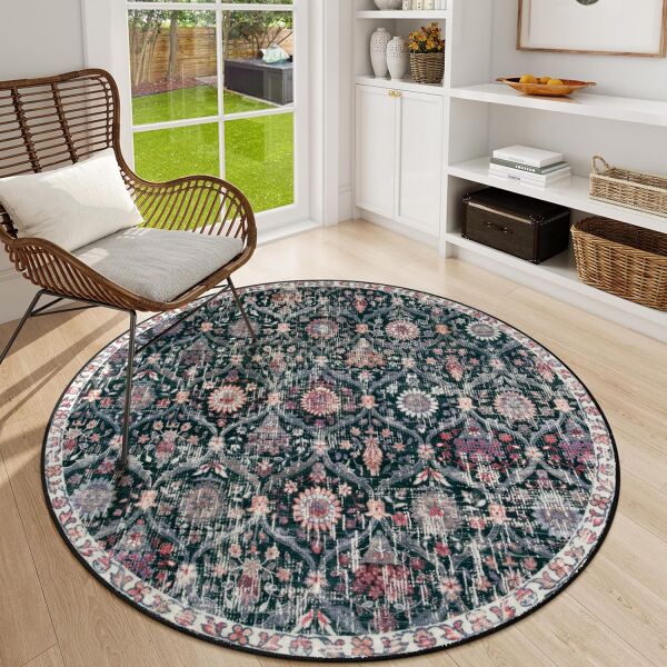 Drom Dokuma Taban Makinede Yıkanabilen Kilim Kaymaz Şönil Etnik Desenli Yuvarlak Kreatif Halı