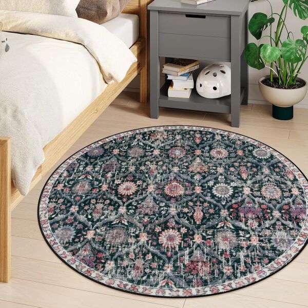 Drom Dokuma Taban Makinede Yıkanabilen Kilim Kaymaz Şönil Etnik Desenli Yuvarlak Kreatif Halı