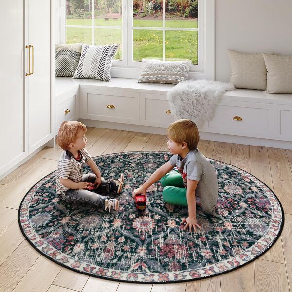 Drom Dokuma Taban Makinede Yıkanabilen Kilim Kaymaz Şönil Etnik Desenli Yuvarlak Kreatif Halı