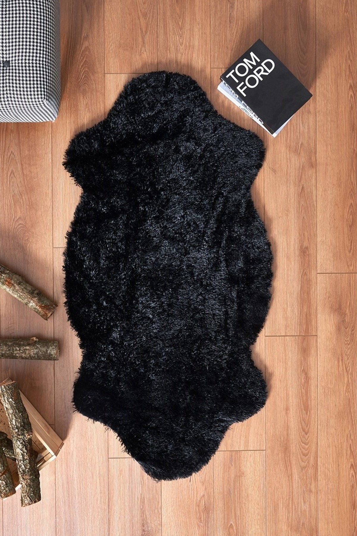 Halımax Tavşan Tüyü Kaymaz Tabanlı Siyah Post Peluş Halı Yumuşak, Kaymaz, Şık Dekoratif Peluş Halı Antre Yatak Odası Çocuk Odası Halısı