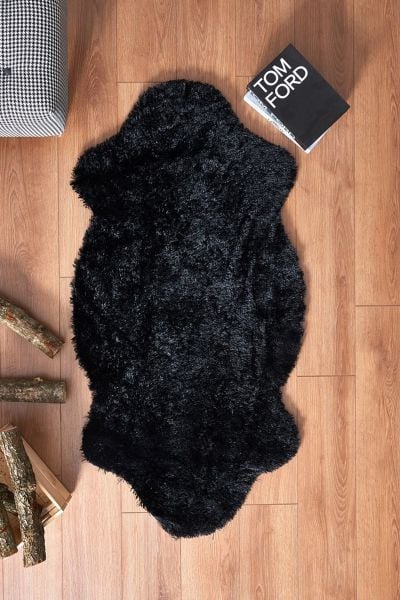 Halımax Tavşan Tüyü Kaymaz Tabanlı Siyah Post Peluş Halı Yumuşak, Kaymaz, Şık Dekoratif Peluş Halı Antre Yatak Odası Çocuk Odası Halısı
