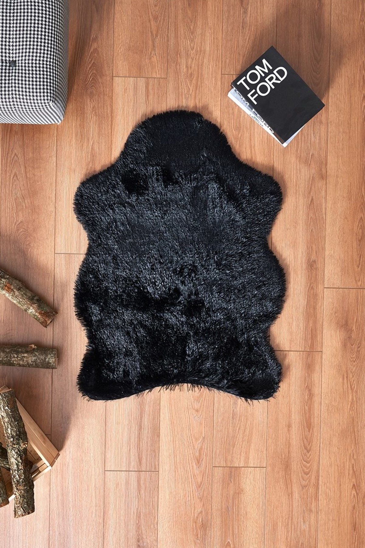 Halımax Tavşan Tüyü Kaymaz Tabanlı Siyah Post Peluş Halı Yumuşak, Kaymaz, Şık Dekoratif Peluş Halı Antre Yatak Odası Çocuk Odası Halısı