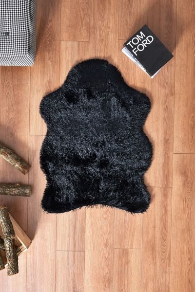 Halımax Tavşan Tüyü Kaymaz Tabanlı Siyah Post Peluş Halı Yumuşak, Kaymaz, Şık Dekoratif Peluş Halı Antre Yatak Odası Çocuk Odası Halısı