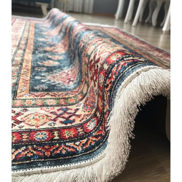 Halımax Dara 174 Yıkanabilir Kaymaz Dokuma Tabanlı Lacivert Çerçeveli Otantik Desenli Halı 80x150