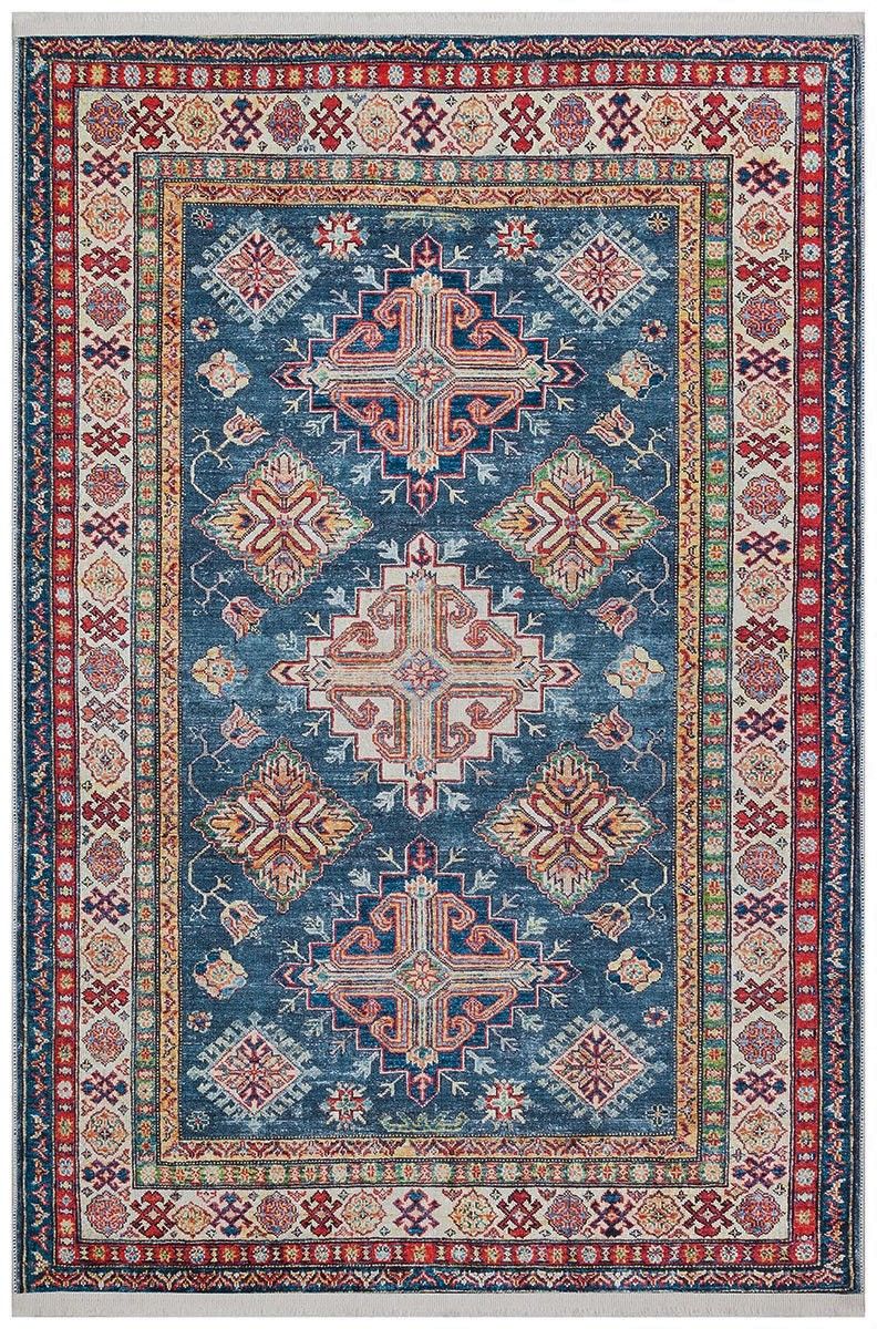 Halımax Dara 174 Yıkanabilir Kaymaz Dokuma Tabanlı Lacivert Çerçeveli Otantik Desenli Halı 80x150