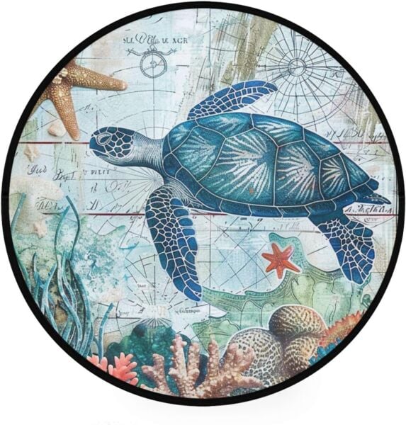 Drom Dokuma Taban Makinede Yıkanabilen Kilim Kaymaz Şönil Deniz Kaplumbağası Desenli Yuvarlak Kreatif Halı