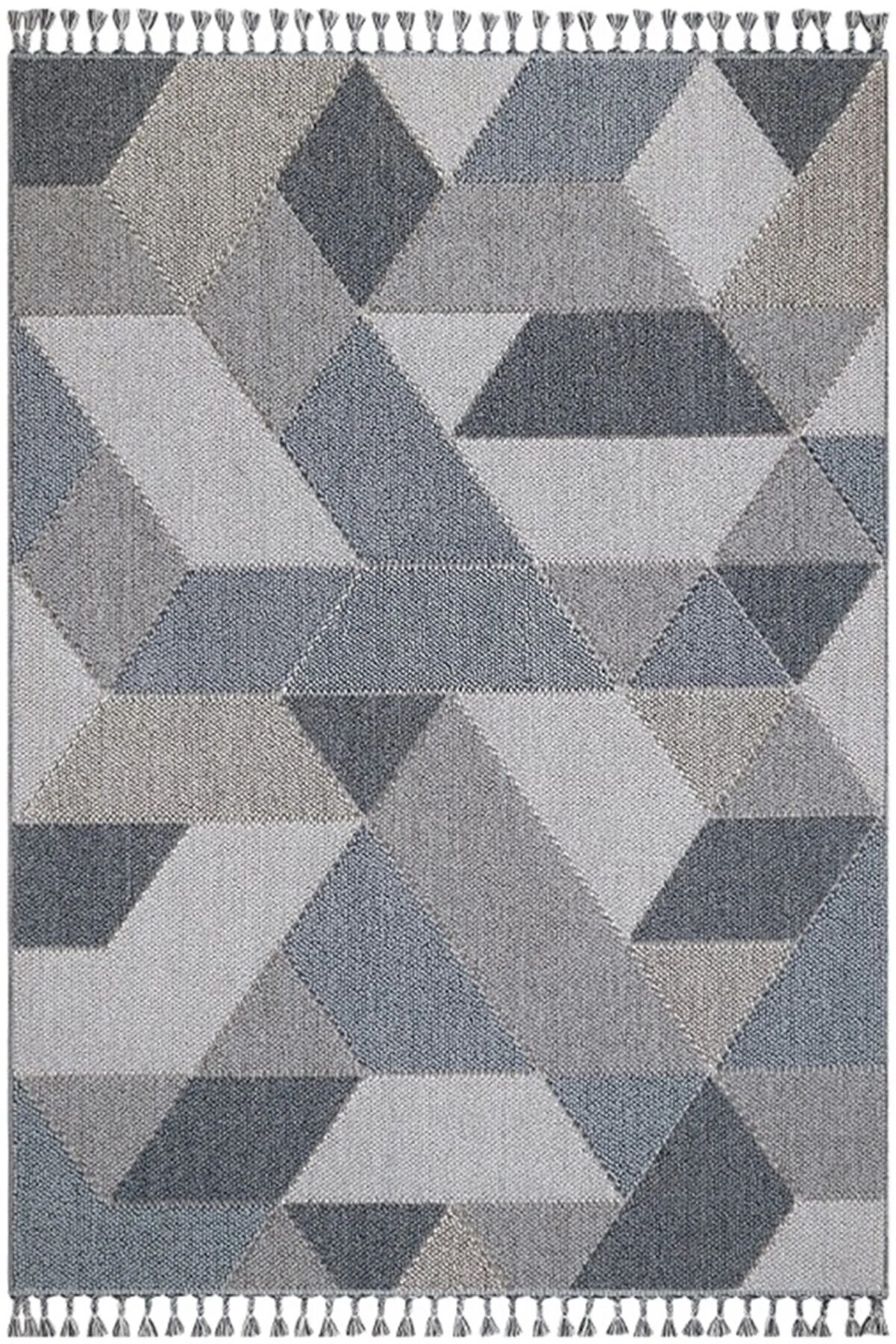 Türkmen Halı Oslo 19477 Gri Mavi Bukleli Modern Örgü Saçaklı Halı