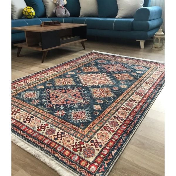 Halımax Dara 174 Yıkanabilir Kaymaz Dokuma Tabanlı Lacivert Çerçeveli Otantik Desenli Halı 100x200