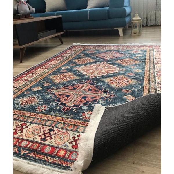 Halımax Dara 174 Yıkanabilir Kaymaz Dokuma Tabanlı Lacivert Çerçeveli Otantik Desenli Halı 100x200
