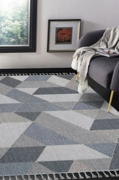 Türkmen Halı Oslo 19477 Gri Mavi Bukleli Modern Örgü Saçaklı Halı