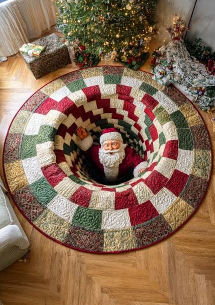 3 Boyutlu Noel Baba Yılbaşı Santa Clause Yuvarlak Christmas Halısı 120x120cm