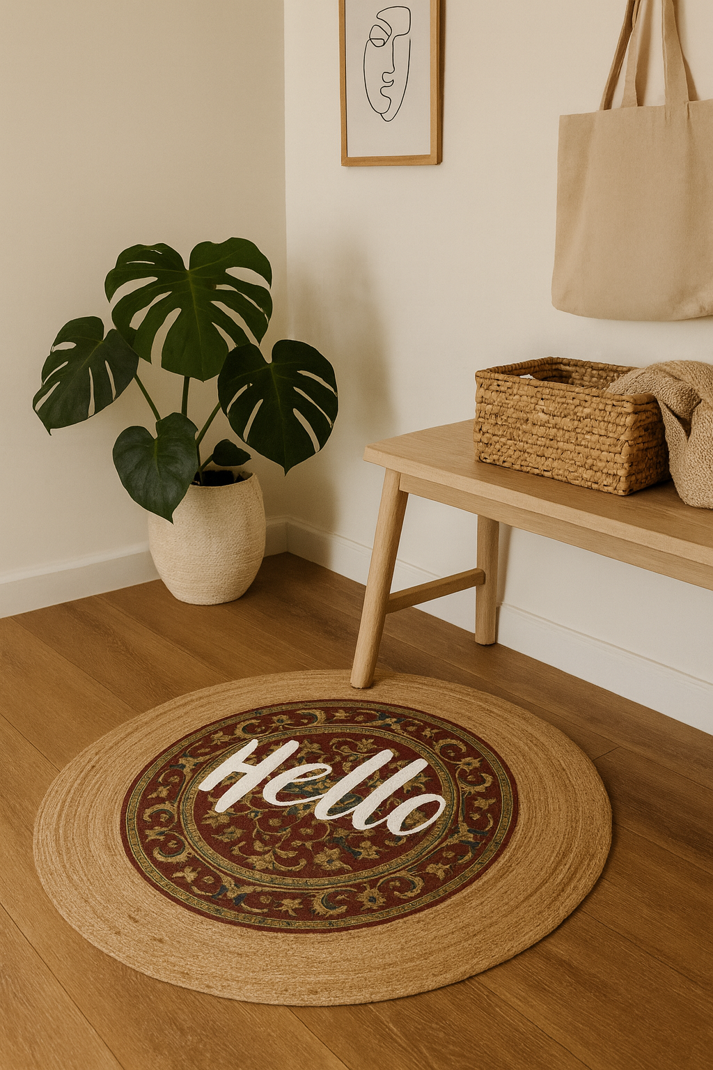 Snugh Yuvarlak Baskı Jüt Halı Makinede Yıkanabilir Çift Taraflı Doğal Jüt Hello Yazılı Retro Kilim