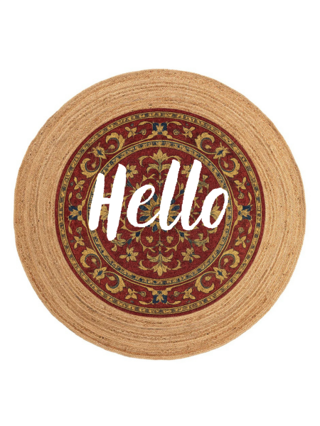 Snugh Yuvarlak Baskı Jüt Halı Makinede Yıkanabilir Çift Taraflı Doğal Jüt Hello Yazılı Retro Kilim