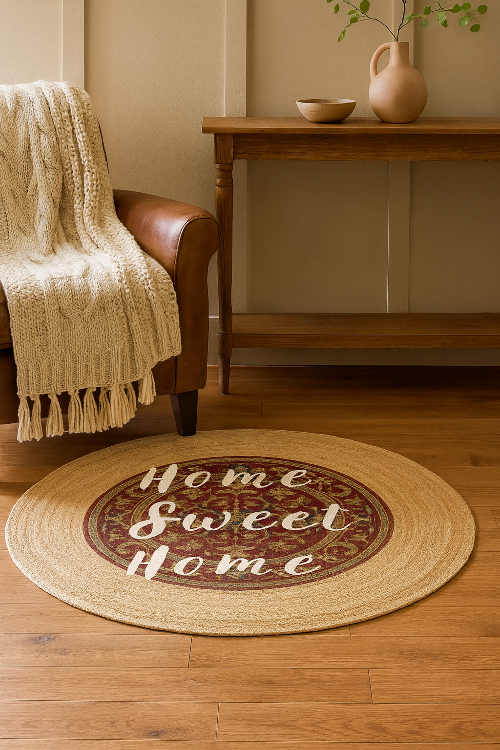 Snugh Yuvarlak Baskı Jüt Halı Makinede Yıkanabilir Çift Taraflı Doğal Jüt Home Sweet Home Kilim