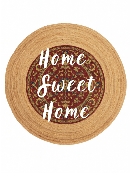 Snugh Yuvarlak Baskı Jüt Halı Makinede Yıkanabilir Çift Taraflı Doğal Jüt Home Sweet Home Kilim