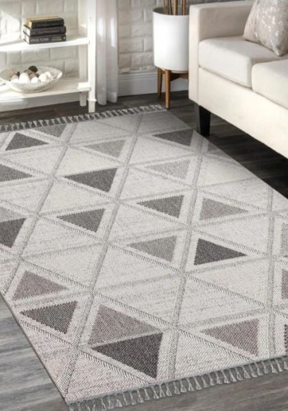 Türkmen Halı Oslo 1840A Beyaz Bukleli Modern Örgü Saçaklı Halı