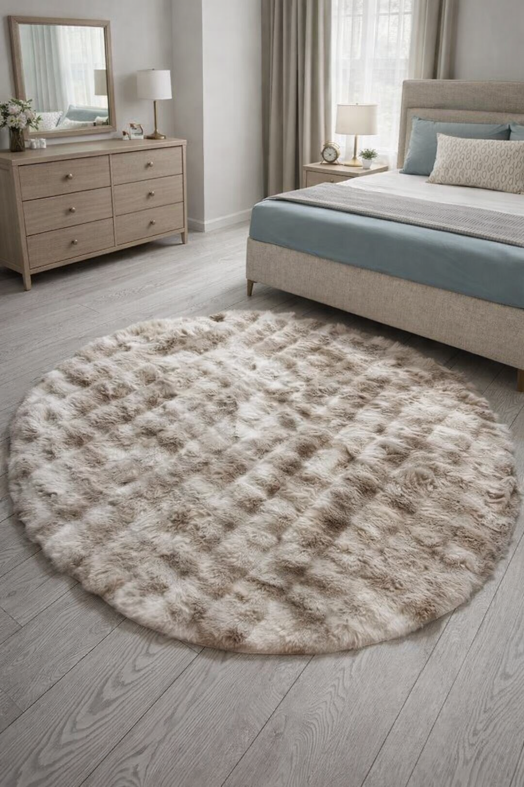 Ekstra Yumuşak Dokulu Multi Kahve Krem  Bubble Tavşan Tüyü Darcio Yuvarlak Post Peluş Halı