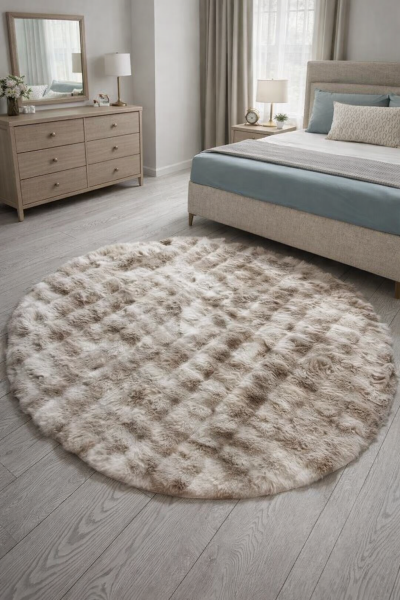 Ekstra Yumuşak Dokulu Multi Kahve Krem  Bubble Tavşan Tüyü Darcio Yuvarlak Post Peluş Halı