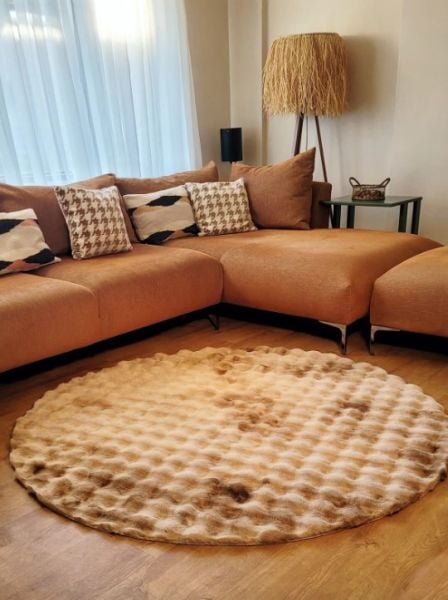 Ekstra Yumuşak Dokulu Multi Kahve Bubble Tavşan Tüyü Darcio Yuvarlak Post Peluş Halı