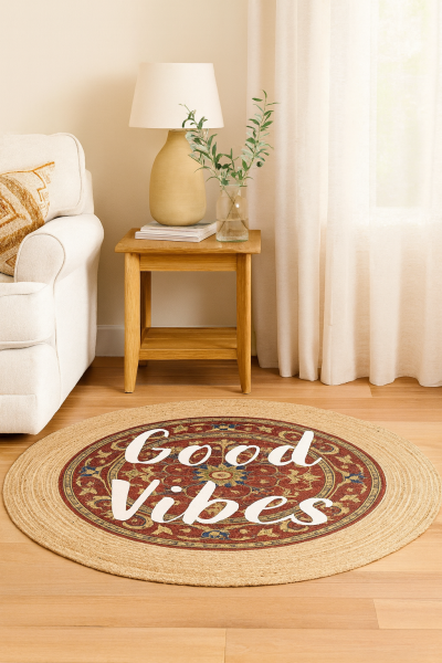 Snugh Yuvarlak Baskı Jüt Halı Makinede Yıkanabilir Çift Taraflı Doğal Jüt Good Vibes Yazılı Retro Kilim