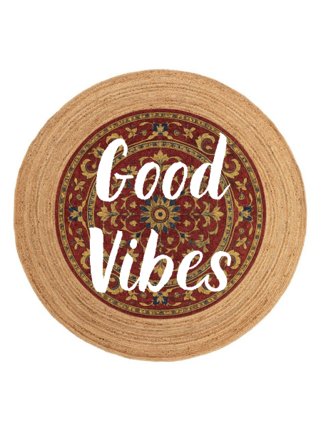Snugh Yuvarlak Baskı Jüt Halı Makinede Yıkanabilir Çift Taraflı Doğal Jüt Good Vibes Yazılı Retro Kilim