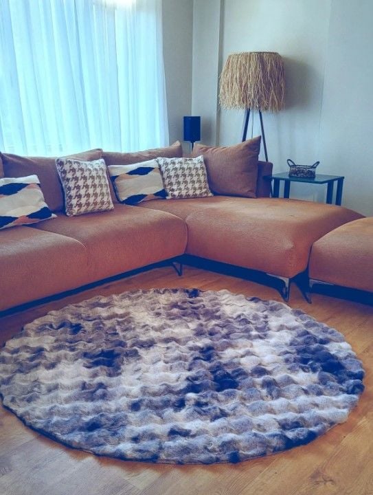 Ekstra Yumuşak Dokulu Multi Gri Bubble Tavşan Tüyü Darcio Yuvarlak Post Peluş Halı