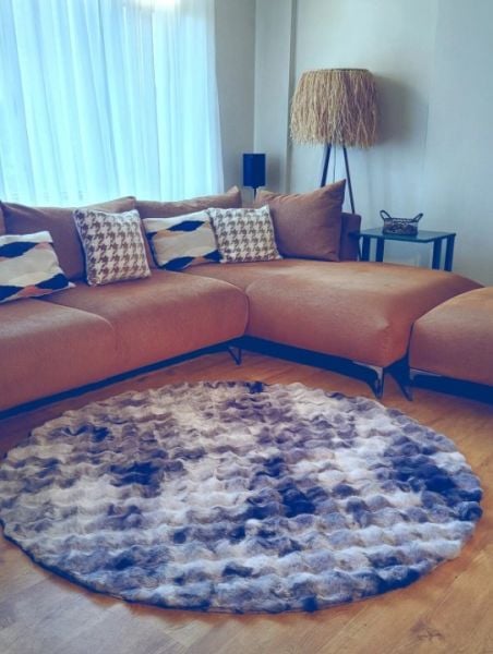 Ekstra Yumuşak Dokulu Multi Gri Bubble Tavşan Tüyü Darcio Yuvarlak Post Peluş Halı