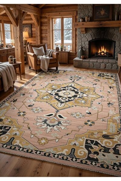 Drom Pamuk Dokuma Taban Kaymaz Şönil Makinede Yıkanabilir Klasik Desen Çerçeveli Multi Salon Yatak Odası Mutfak Koridor Yolluk Halı
