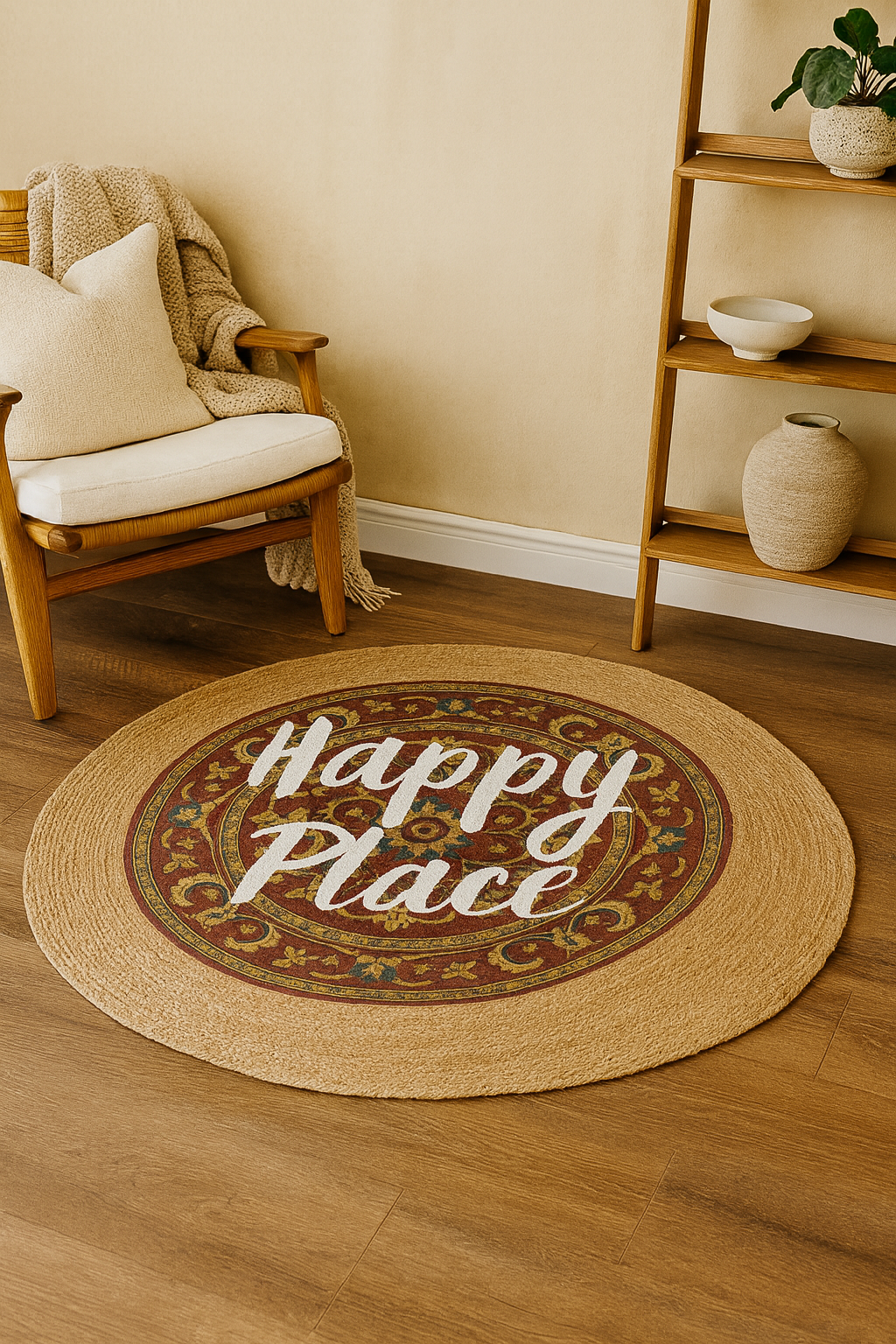 Snugh Yuvarlak Baskı Jüt Halı Makinede Yıkanabilir Çift Taraflı Doğal Jüt Happy Place Yazılı Retro Kilim