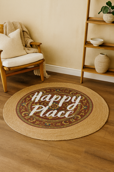 Snugh Yuvarlak Baskı Jüt Halı Makinede Yıkanabilir Çift Taraflı Doğal Jüt Happy Place Yazılı Retro Kilim