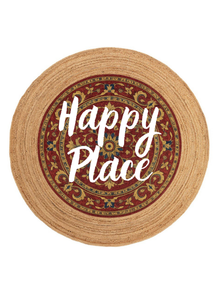 Snugh Yuvarlak Baskı Jüt Halı Makinede Yıkanabilir Çift Taraflı Doğal Jüt Happy Place Yazılı Retro Kilim