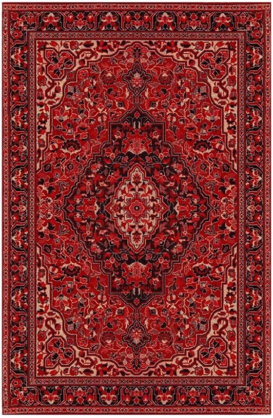 Drom Kaymaz Tabanlı Yıkanabilir Kırmızı Siyah Etnik Desenli Vintage Şönil Salon Halısı