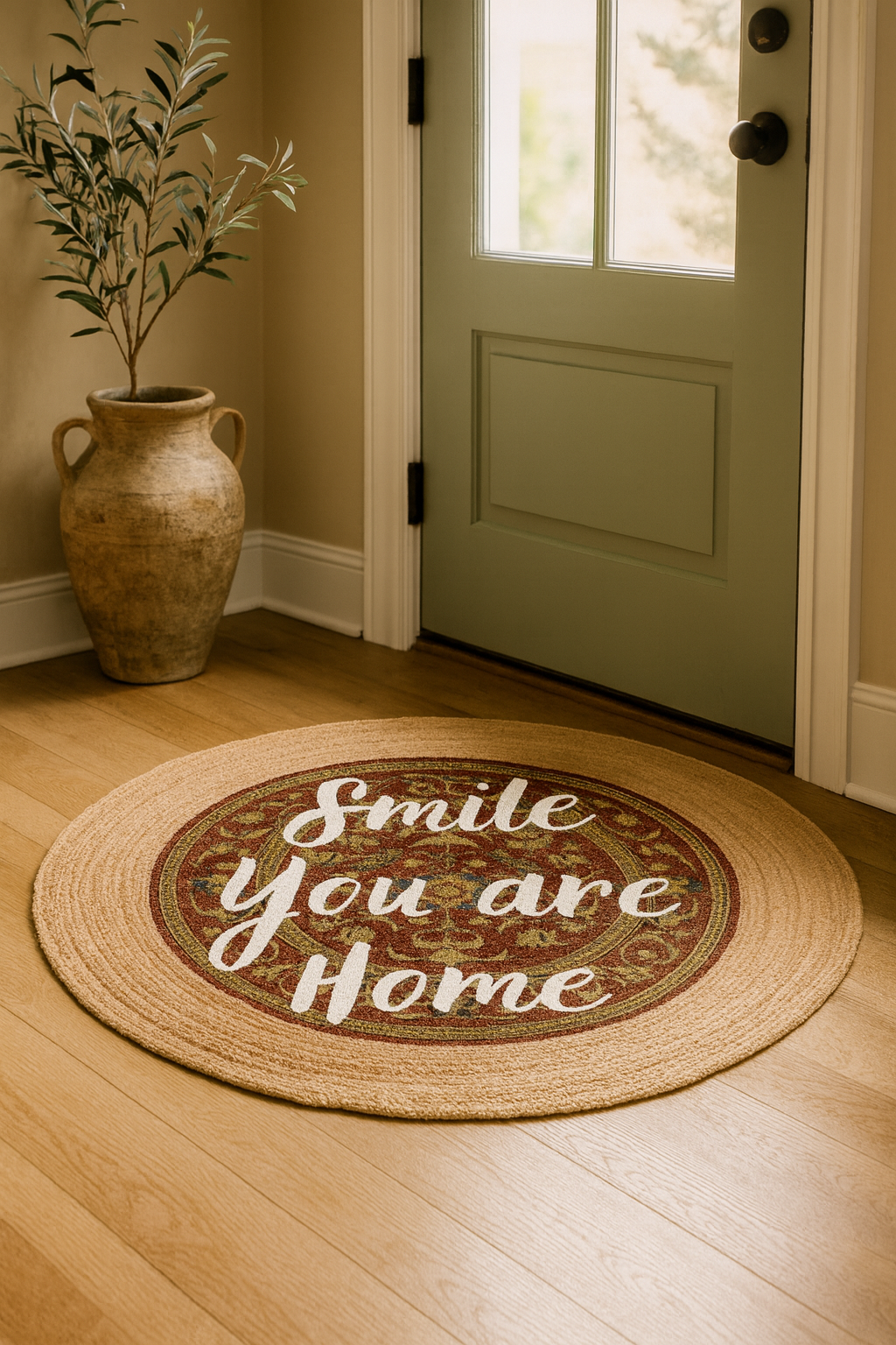 Snugh Yuvarlak Baskı Jüt Halı Makinede Yıkanabilir Çift Taraflı Doğal Jüt Smile You Are Home Retro Kilim