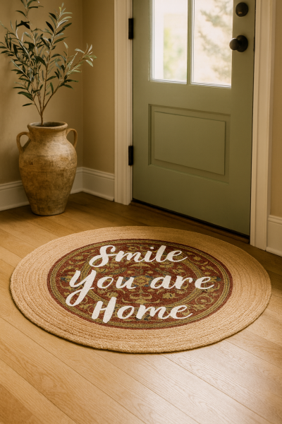 Snugh Yuvarlak Baskı Jüt Halı Makinede Yıkanabilir Çift Taraflı Doğal Jüt Smile You Are Home Retro Kilim