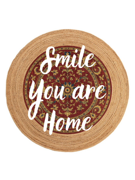 Snugh Yuvarlak Baskı Jüt Halı Makinede Yıkanabilir Çift Taraflı Doğal Jüt Smile You Are Home Retro Kilim
