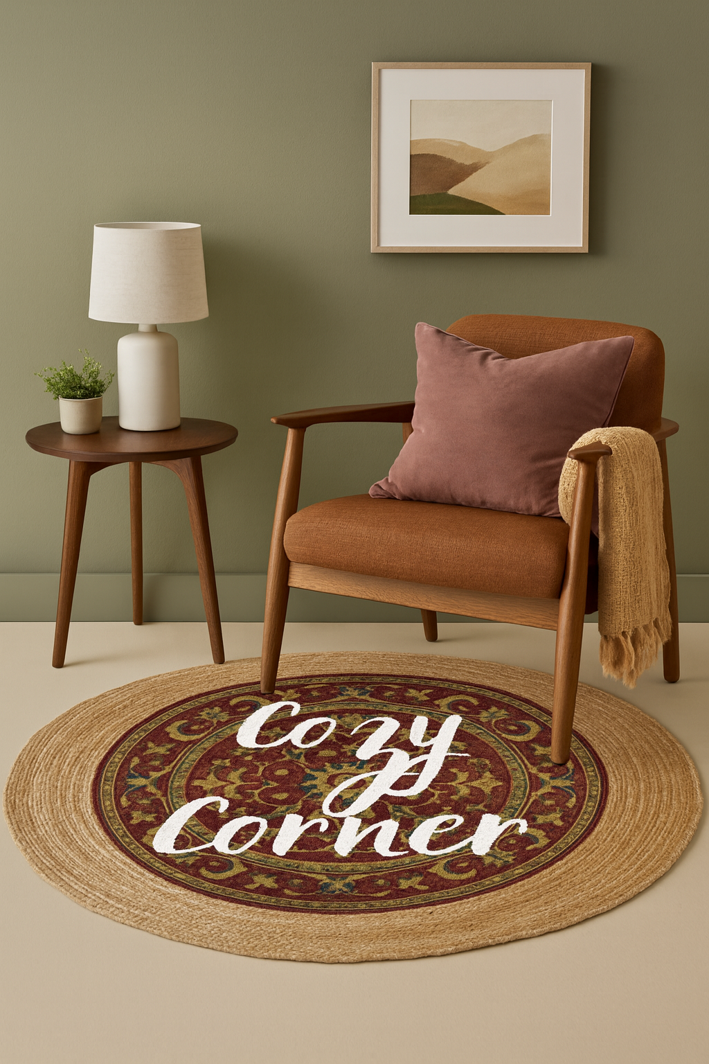 Snugh Yuvarlak Baskı Jüt Halı Makinede Yıkanabilir Çift Taraflı Doğal Jüt Cozy Corner Retro Kilim