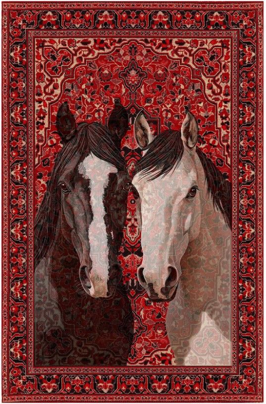 Drom Kaymaz Tabanlı Yıkanabilir Kırmızı At Desenli Vintage Şönil Dekoratif Salon Halısı