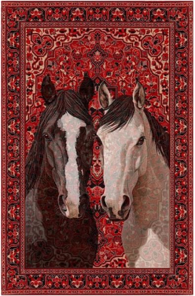 Drom Kaymaz Tabanlı Yıkanabilir Kırmızı At Desenli Vintage Şönil Dekoratif Salon Halısı