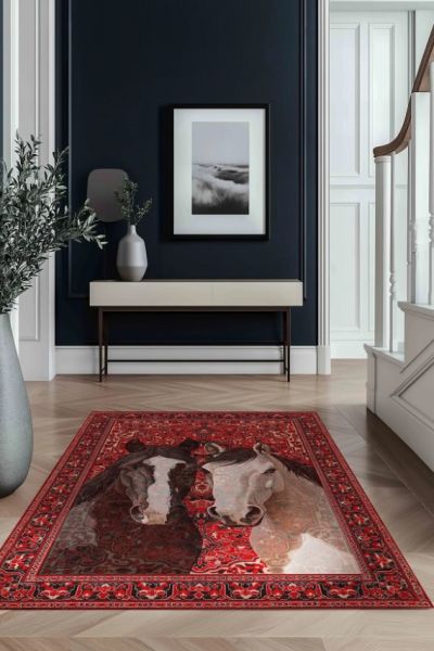 Drom Kaymaz Tabanlı Yıkanabilir Kırmızı At Desenli Vintage Şönil Dekoratif Salon Halısı