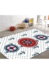Cino Antialerjik Çocuk Halısı Çapa Desenli Mavi Beyaz 80x150